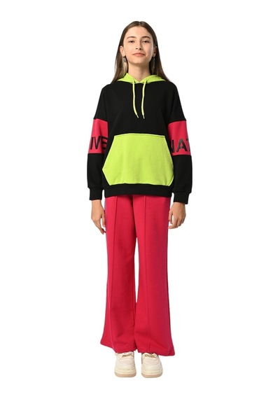 Kız Çocuk Kapüşonlu Neon Renk Bloklu Tasarım Sweatshirt-13397-siyah Siyah