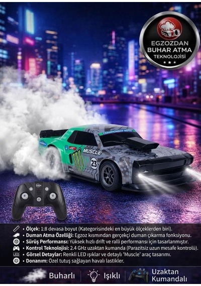 Uzaktan Kumandalı 9 Fonksiyonlu Sesli Işıklı 1:8 Ölçekli Duman Ve Drift Atan 2.4ghz Oyuncak Araba Yeşil
