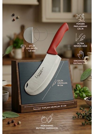 Lazbisa MFP-245 Silver Pro Serisi Mutfak Bıçak Seti 9 Parça Et Ekmek Sebze Soğan Börek Bıçağı Satırı Kırmızı