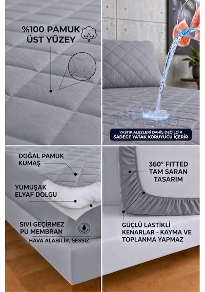 Formeya %100 Pamuk Renkli Kapitone Sıvı Geçirmez Alez Çarşaf - Gri