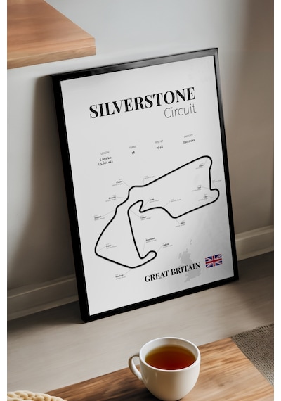 Silverstone Formula 1 Siyah Ahşap Çerçeveli Poster, Dekoratif Harita Duvar Tablosu