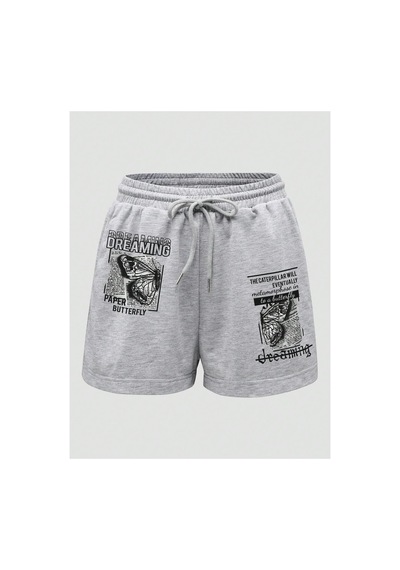 Tarzsokak Butterfly & Slogan Graphic Drawstring Waist Şort Gri