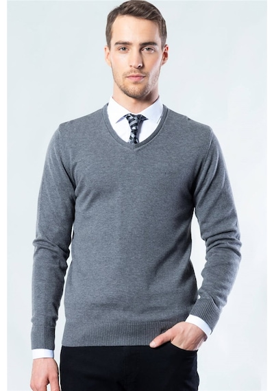 Tudors Slim Fit Dar Kesim V Yaka Pamuklu Erkek Kazak-18041 Gri
