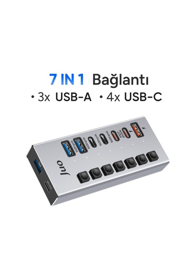 Juo Usb-a 7 Portlu Anahtarlı 3 Usb-a 4 Type-c 5gbps Pd Hızlı Şarj Destekli Usb 3.1 Çoklayıcı Dönüştürücü Hub