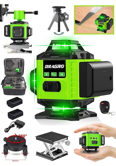 DRG-TLZR128 128 Vf Yeşil 12 Köşe Otomatik Hizalama Lazer Metre 360 Derece Yatay Dikey Çapraz Kumandalı Çantalı
