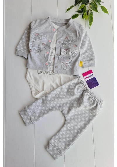 Babydonat Stay Little Puan Desenli 3'lü Hırkalı Kız Bebek Takım Gri