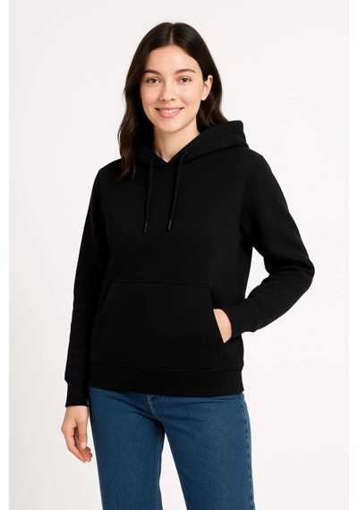 Mbb E-ticaret Kadın 3 İplik Pamuklu Kapüşonlu Kanguru Cepli Sweatshirt Hoodie - Siyah