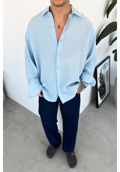 Açık Mavi Basic Oversize Modal Gömlek Açık Mavi Açık Mavi Basic Oversize Modal Gömlek Açık Mavi
