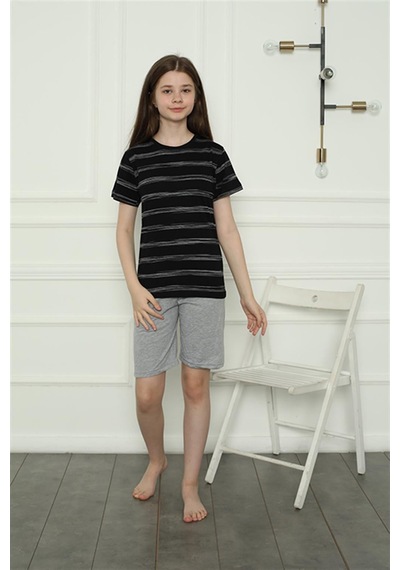 Akbeniz Kız Çocuk Penye Şortlu Pijama Takım 20405 SIYAH