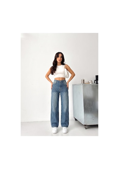 Kene Jeans Ön Taşlı Yeşil Tint Denim Wide Leg/bol Paça Pantolon Yeşil Tintli