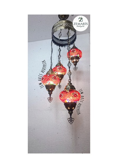El Yapımı Otantik Mozaik 4 Lü Avize Tavan Sarkıt Dekoratif Pembe - 787013844 Pembe
