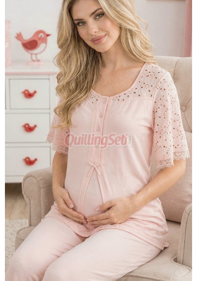 Lady Bebe Pembe Renkli Dantel Detaylı 33207 Kısa Kol 2 Parça Lohusa Hamile Pijama Takımı Açık Pembe