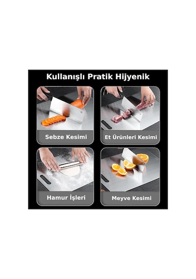 34x24 Cm Büyük Boy Paslanmaz Çelik Kesme Tahtası - Antibakteriyel - Leke Ve Su Tutmaz Gri