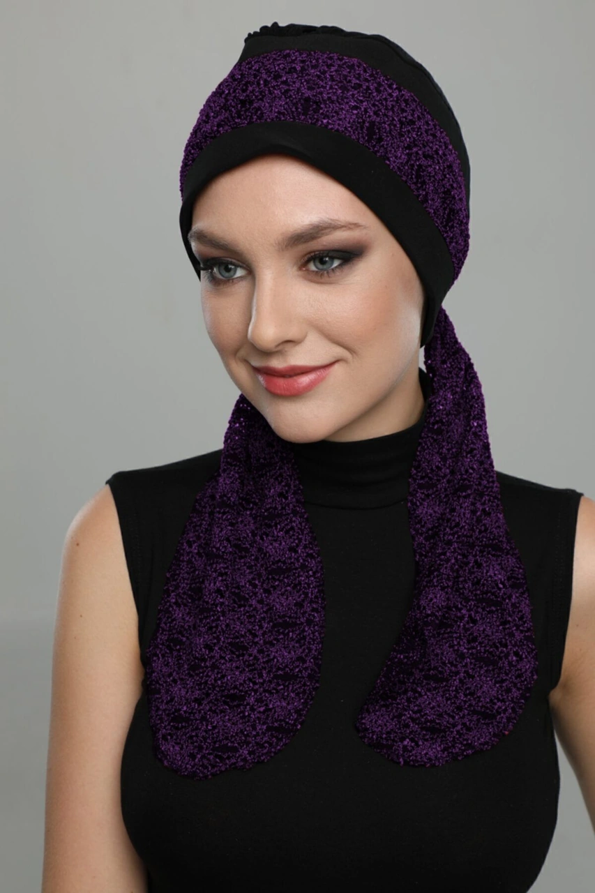 Elysianfidan Buklet Bandana Bağlamalı Siyah Mor Hazır Türban Tesettür Bone Siyah-mor