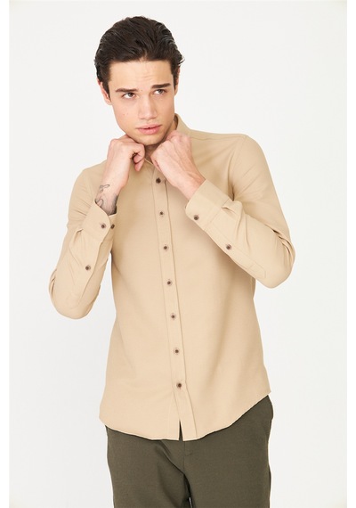 Krem Düğmeli Yaka Uzun Kollu Gömlek Slim Fit Camel