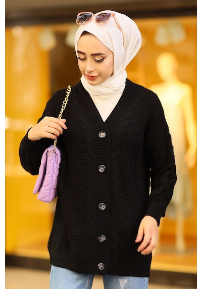 Oversize Kadın Tesettür Triko Hırka Siyah