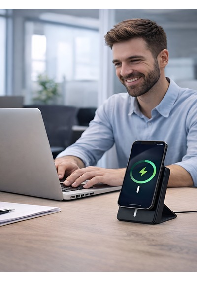 10000mah 20w Wireless Magsafe Kablosuz Powerbank Lüx Deri Standlı Taşınabilir Hızlı Şarj siyah