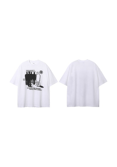 Flood Of Style Beyaz Lonely Baskılı Bisiklet Yaka Oversize Erkek Tişört