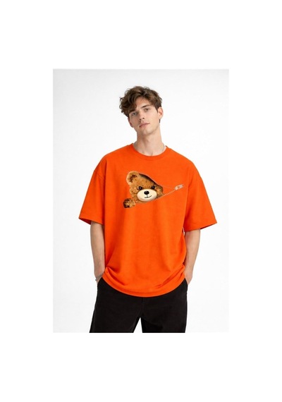 Alemdarshop Mn - Bear Baskılı Oversize Tişört Turuncu