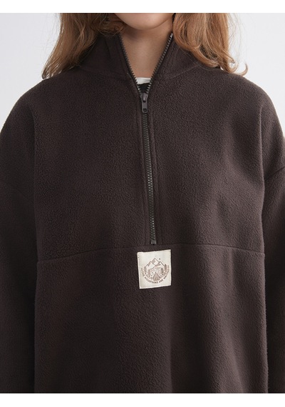 Lcw Modest Kahverengi Dik Yaka Nakışlı Polar Kadın Sweatshirt Tunik