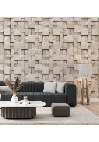 Kare Taş Desen Krem 16 M2 Duvar Kağıdı 6755-2 Çok Renkli