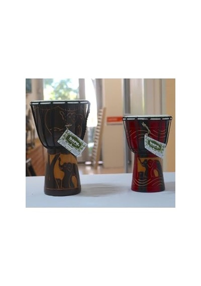Otantik Ahşap Djembe Davul, 25 Cm, Mahoni Ağacı Ve Keçi Derisi, El Yapımı Bali Endonezya, Fil Figürlü, 14 Cm Deri Çap
