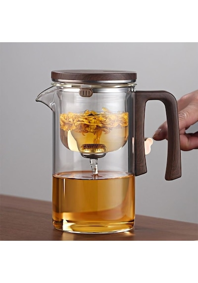 Morponi Borosilikat Cam Ahşap Kapak Ve Sap Detaylı Mıknatıs Özellikli Lüks Bitki Çayı Demliği 520 Ml Şeffaf