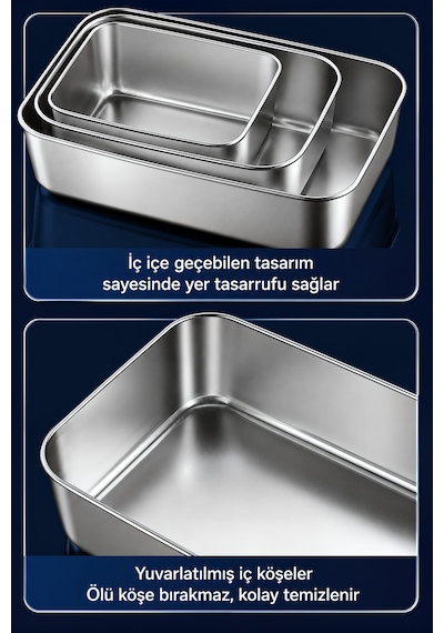 3 Adet Set 304 Çelik Yemek Meyve Et Buzdolabı Beslenme Saklama Kabı Mt323 Gri