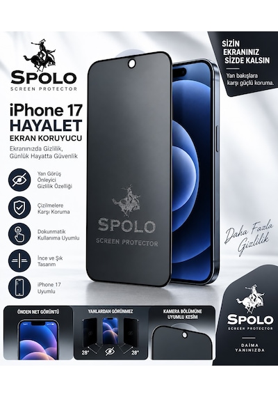 Spolo Apple iPhone Uyumlu  17 Hayalet Ekran Koruyucu Gizlilik Camı Yan Görüş Önleyici Ekran Koruma