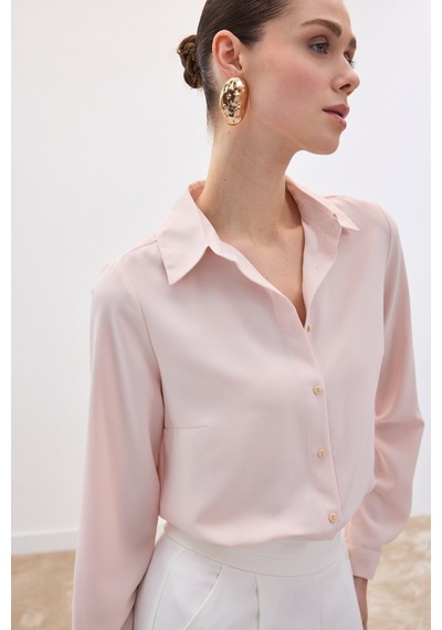Sateen Düz Klasik Gömlek - Pudra-136120 Pudra