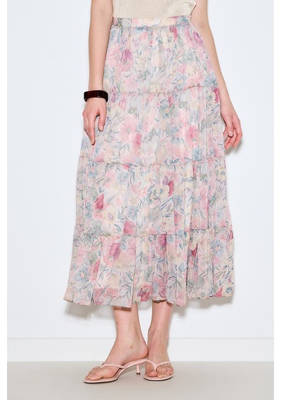 Manuka Uzun Büzgülü Şifon Etek Pastel Floral Pastel Floral