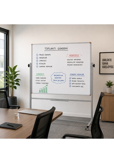 Emaye Yüzey 360 Dönerli Mobil Yazı Tahtası 90x120cm Beyaz
