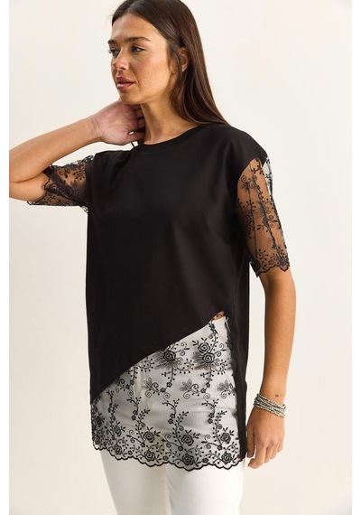 Shade Kadın Bisiklet Yaka Dantel Garnili Asimetrik Kesim Relaxed Fit T-shirt 2225 60286125 - Siyah Shade Kadın Bisiklet Yaka Dantel Garnili Asimetrik Kesim Relaxed Fit T-shirt 2225 60286125 - Siyah