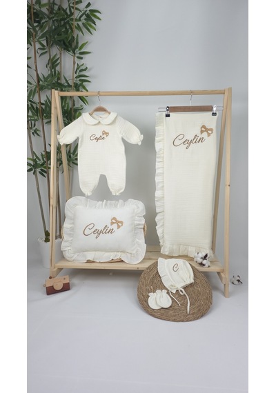 Gros Shop Müslin Yeni Doğan 4katlı Organik %100pamuk Kişiye Özgü Nakışlı Hastane Çıkış Seti-kurdele Model Ekru-1