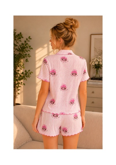 Rindahomewear Bardak Baskılı Pamuklu Örme Kumaş Düğmeli Şortlu Takım Kahve Bardaklı