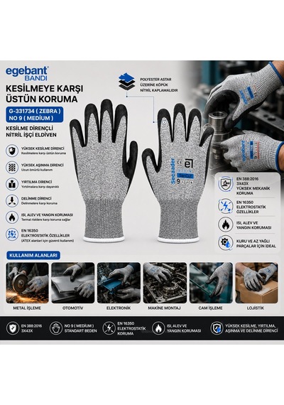 Egebant G-331734 Zebra Kesilme Dirençli Nitril İşçi Eldiveni - No 9 Medium- 10'li Paket
