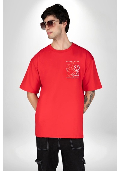 Üzüntü Üzülme Kırmızı Oversize Unisex Ön Ve Sırt Baskılı Tişört Kırmızı