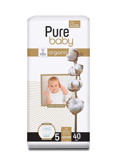 Pure Baby Organik Pamuklu Cırtlı Bez Tekli Paket 5 Numara Junior 40 Adet Tekli