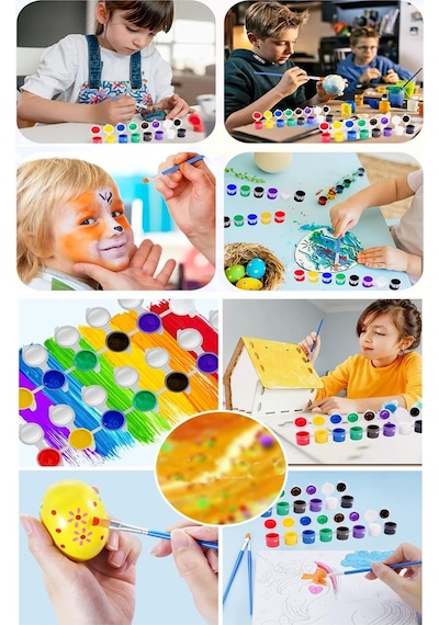 Akrilik Boya 3 Ml 12 Renk Resim Fırçası Ve Paleti 10 Paket Mini Küçük Akrilik Boya Taş Ahşap Seramik Tuval Alçı Tuval