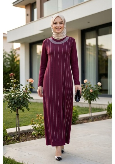 Hb Harma Time Butik Kadın Taş İşlemeli Kristal Kumaş Uzun Tesettür Bordo Elbise