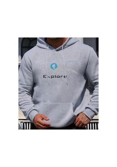 Herkesemoda Expore Yazı Detaylı İçi Polarlı Kapüşonlu Sweatshirt Gri