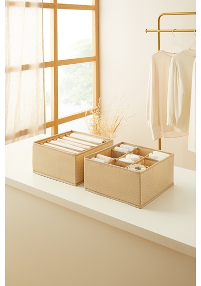Ocean Home Textile 2'li Bölmeli Bej Balıksırtı Çekmece İçi Düzenleyici Kutu Set