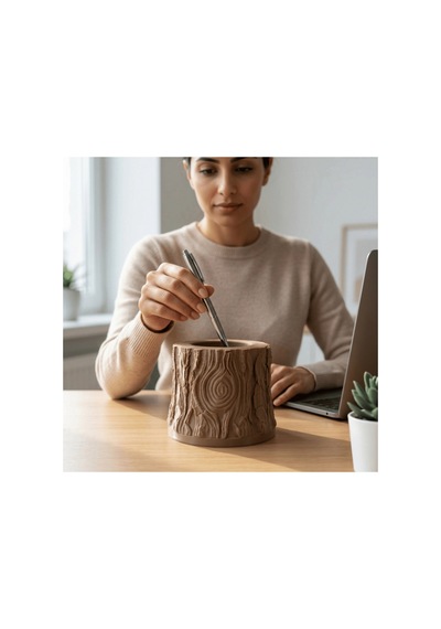 3d Baskı Ahşap Dokulu Kütük Saksı Ve Kalemlik - Özel Hediye Kutulu