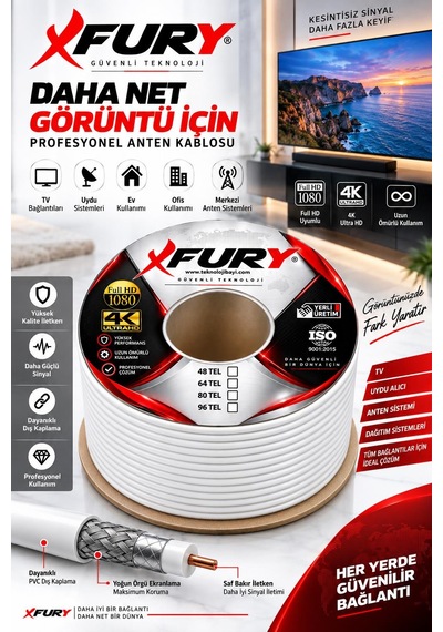 Fury 64 Tel Rg6-u6 Koaksiyel Tv Ve Uydu Anten Kablosu 100 Metre