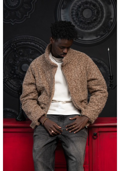 Akçaylar Oversize Crop Model Yan Cepli Astarlı Kırçıllı Mont Kahverengi