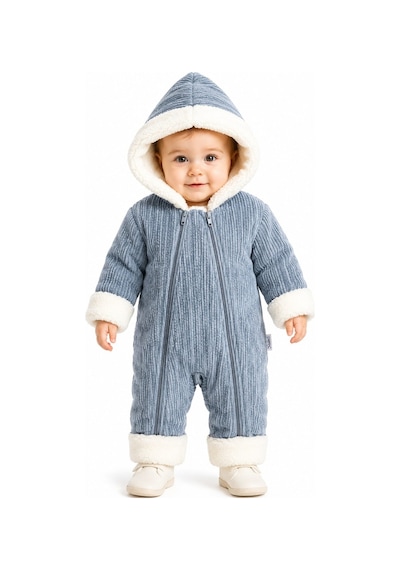 Tatlı Unisex Bebek Fitilli Kadife Kozmonot Tulum Peluş Kürklü Kapüşonlu Çift Fermuarlı Kışlık Bebek Tulumu Mavi