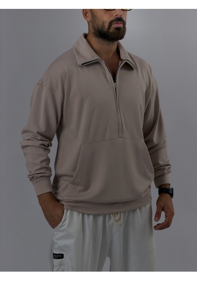Cocopelli Fermuarlı Polo Yaka Bej Erkek Sweatshirt Coc3523