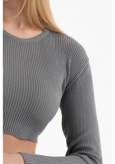 Hiccup Yuvarlak Yakalı Fitilli Örme Uzun Kollu Crop Top Koyu Gri