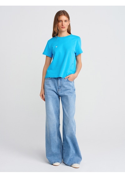 Dilvin 30584 Bisiklet Yaka Pamuklu T-shirt-turkuaz Turkuaz