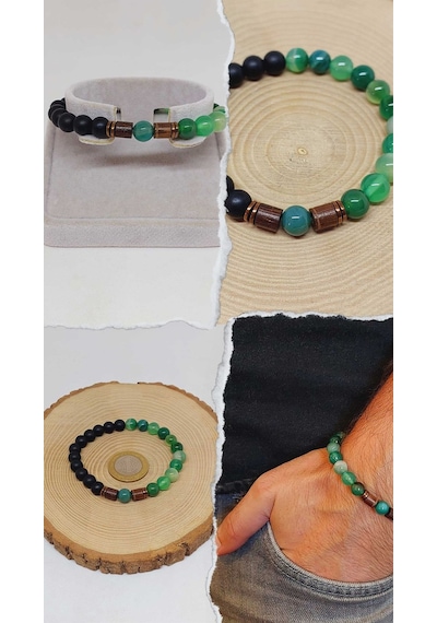 Yeşil Akik & Oniks Taşı 8mm Unisex Tasarım Bileklik Hawaii Model Çok Renkli